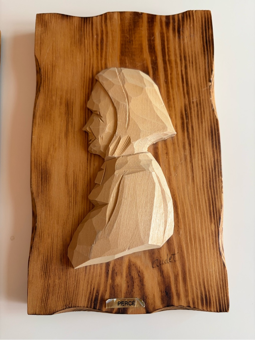 Signed R Audet Quebec Folk Art Wood Carving Pair MCM Rustic Wall Plaque Love - Picture 4 of 13